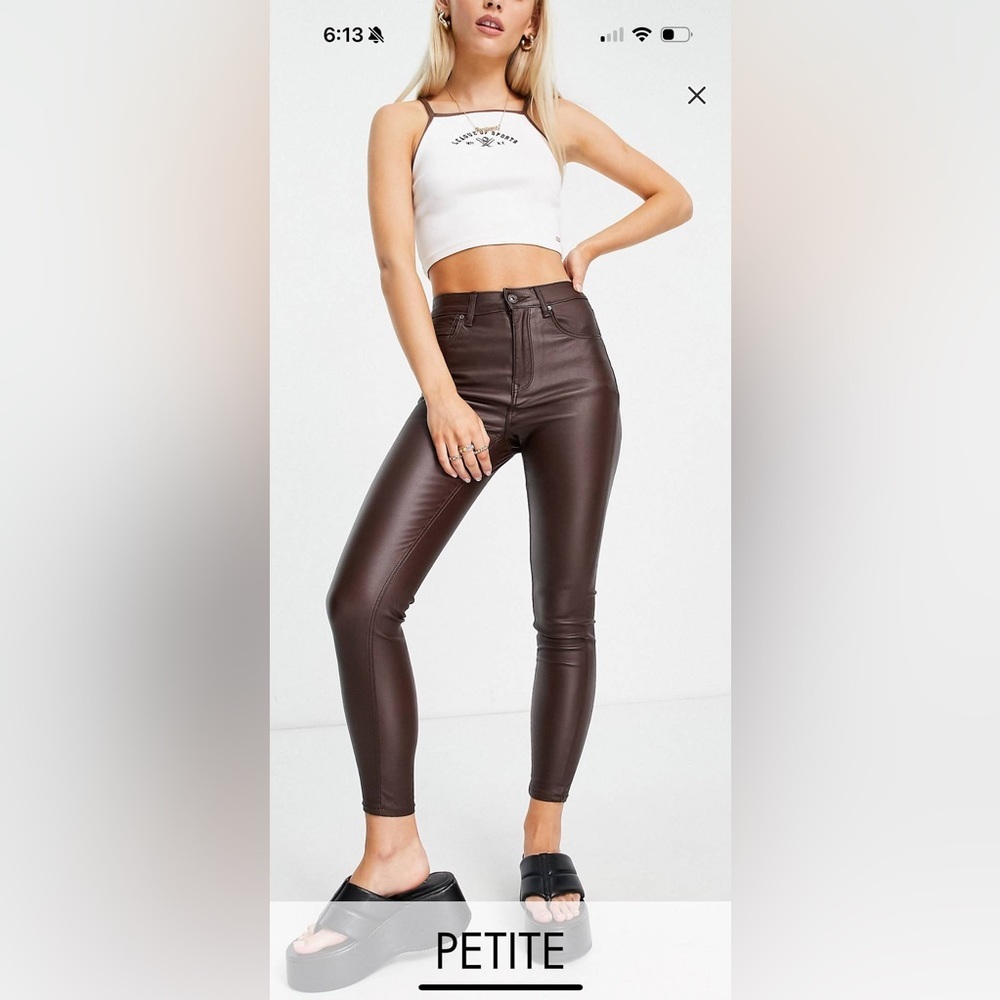 stradivarius Petite High-Waist Faux Leather Skinny Pants — Dark Brown